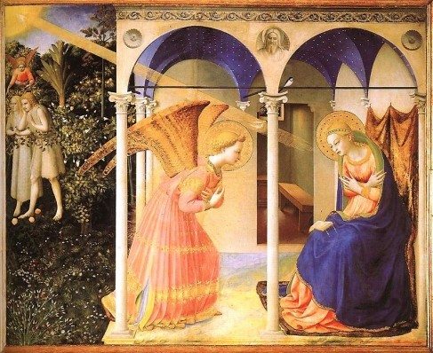 "The Annunciation" by Fra Angelico. St. Gabriel, with great reverance and piety, announces to the Blessed Virgin Mary that she is to give birth to the Son of the Most High.